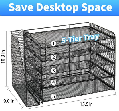 OPNICE Desk Organizers and Accessories, 5-Tier Paper Organizer Letter Tray with Magazine Holder, Office Desk Accessories & Workspace Organizers, Desktop File Organizer for Office Supplies, Black