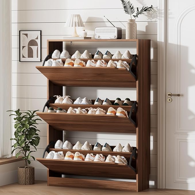 Xixini Shoe Storage Cabinet for Entryway with 3 Flip Drawers, Sturdy Wood Hidden Shoe Storage, Freestanding Narrow Slim Shoe Organizer for Front Door Entrance, Living Room, Hallway, Bedroom, Walnut