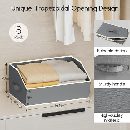 Homsorout Large Closet Organizers and Storage Bins - 8 Pack Trapezoid Storage Baskets for Shelves, Foldable Fabric Baskets with Handles Ideal for Closet, Basket, Wardrobe and Shelf Storage, Grey