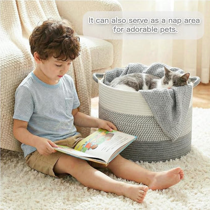 Artfeel 70L Large Cotton Rope Basket, Decorative Woven Blanket Storage for Living Room, Boho Toy Storage & Toy Box for Kids, Versatile Laundry Basket & Nursery Hamper for Blankets(Grey)