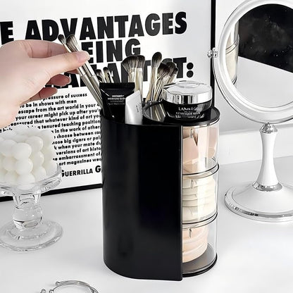 Azurphoric Hair Accessories Organizer with Hair Brush Holder, Rotatable Makeup Brush Holder for Necklaces, Earring, Bracelet, Ring, Makeup Brushes, Hair Clip and Hair Accessories (Black, 3-Layer)