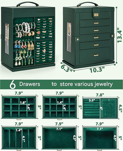 AKOZLIN 360° Rotating Jewelry Box 6-Tier Organizer Functional Jewelry Storage Case for Women Girls Ring Necklace Earring Bracelet Holder with Mirror