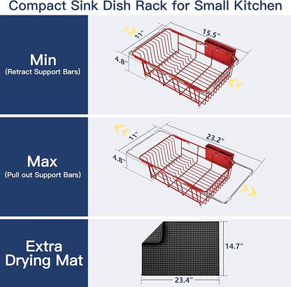 JASIWAY Red Dish Drying Rack in Sink with Mat, Expandable Stainless Steel Dish Drainers for Kitchen Counter, Space Saving Dish Dryer for Inside Sink, Over Sink Dish Racks with Utensil Holder