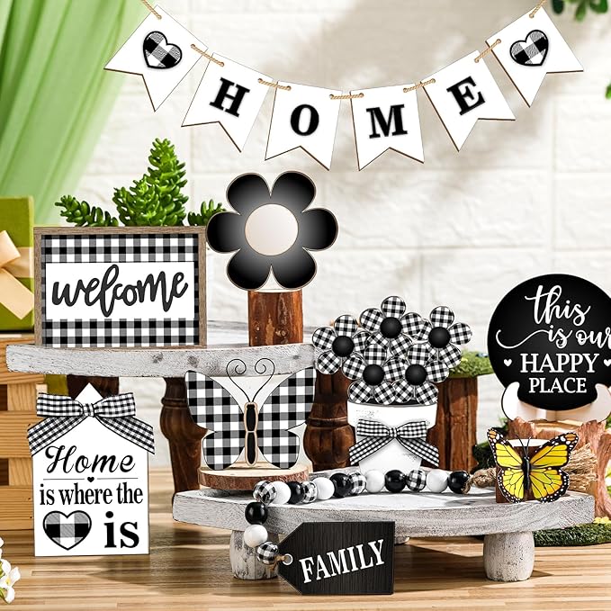 11 Pcs Home Tiered Tray Decor Buffalo Plaid Black White Rustic Farmhouse Tiered Tray Decorations Set Home Wooden Signs Vintage Farm Animal Tabletop Wood Signs for Kitchen Table Shelf Decor