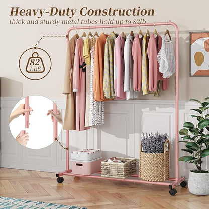 Simple Trending Standard Clothes Clothing Garment Rack with Storage Shelves, Rolling Clothes Organizer on Wheels for Hanging Clothes, Pink