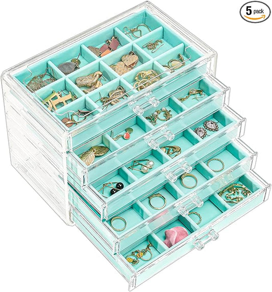 ProCase Earring Holder Organizer Jewelry Box with 5 Drawers, Acrylic Clear Earring Case with Adjustable Velvet Trays for Women - Aqua, 5 Layers