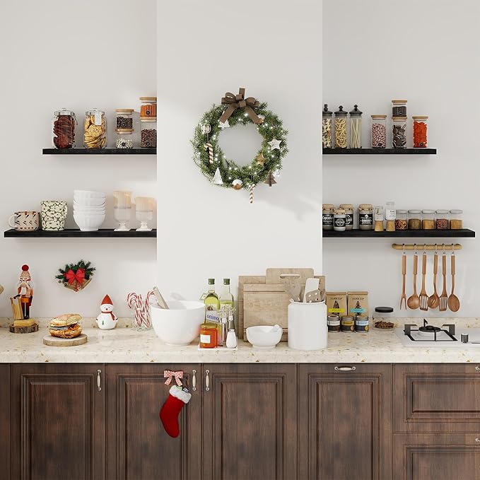 Fun Memories Floating Shelves for Wall, 48 Inch Floating Shelves for Home Decor, Wall Mounted Rustic Wood Shelves, Bathroom, Hanging Deep Shelf for Bedroom, Living Room, Kitchen (Black, Set of 2)