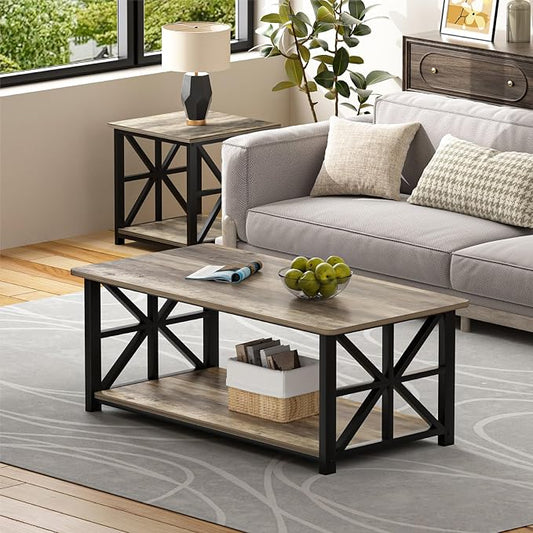 GreenForest Coffee Table for Living Room with Round Corners Farmhouse Style Center Table with Storage Shelf 39 Inch Space Saving Easy Assembly Gray Wash | for Living Room