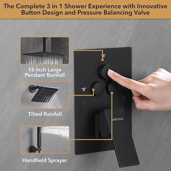 VANFOXLE Shower Faucet Set Matte Black Shower System, Push Button Diverter Shower Faucet with Trim Kit, Ceiling Mount 16 Inch Shower Head Increased Thick, 6 Inch Side Shower Head, 2-in-1 Handheld