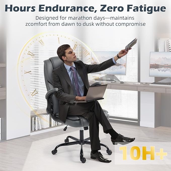 Office Chair - Executive Leather High Back Office Desk Chair with Rocking Function - Ergonomic Breathable Comfortable Wide Swivel Rolling Gaming Computer Chair with Flip-up Armrests & Lumbar Support