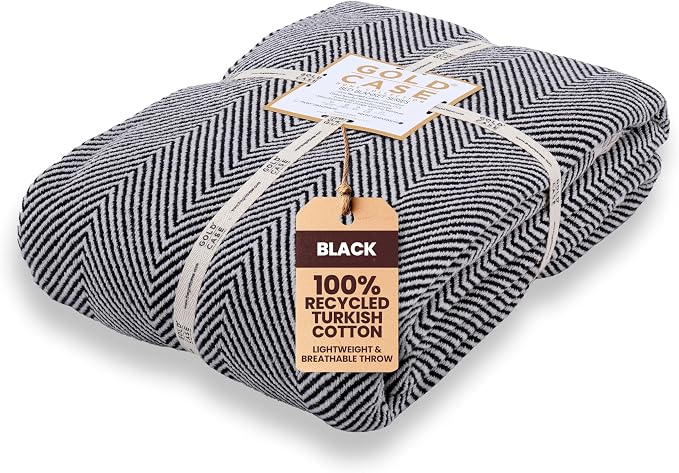 Gold Case Throw Blanket for Bed - 100% Recycled Turkish Cotton Blanket - Elegant Lightweight Soft Throw Blankets for Bed & Living Room - Twin Size Cozy Blankets - 71x90 - Black