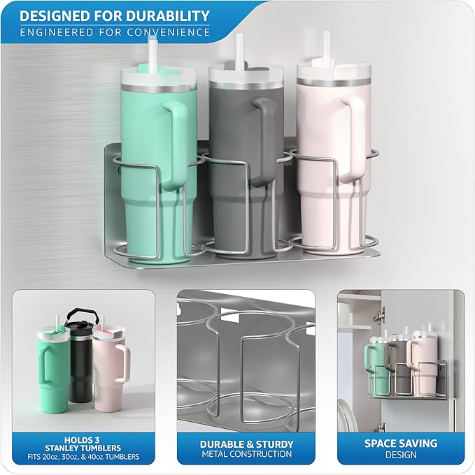 Sorbus Stanley Cup Organizer – 3-Cup Holder for Cabinet, Fridge, or Wall – Magnetic or Screw Mount – Stanley Storage Organizer for 20oz 30oz 40oz Cups, Tumblers, and Water Bottles (Silver 1-Pack)