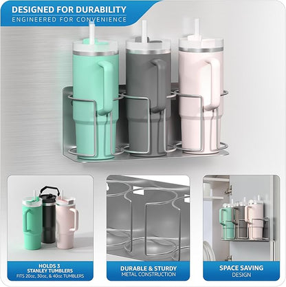 Sorbus Stanley Cup Organizer – 3-Cup Holder for Cabinet, Fridge, or Wall – Magnetic or Screw Mount – Stanley Storage Organizer for 20oz 30oz 40oz Cups, Tumblers, and Water Bottles (Silver 2-Pack)