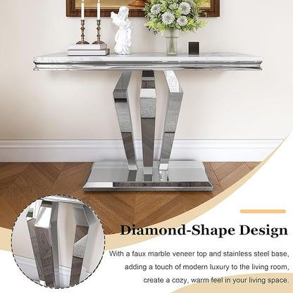 47 inch Silver Console Table, Modern Entryway Table with Diamond-Shaped Metal Base for Entrance, Hallway, Living Room (White Faux Marble & Silver)
