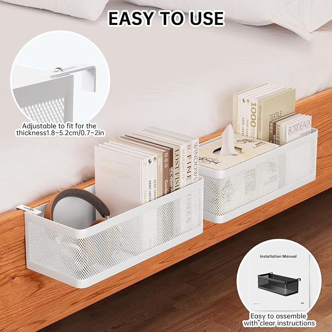 Bedside Caddy Shelf for Bunk Bed & Dorm, Adjustable Bunk Bed Caddy Holder for Top Bunk, Rails, Cribs, Bedside Shelf Organizer for Phone/Books/Drinks (Black, L(L11in*W4.9in*H3.93in))
