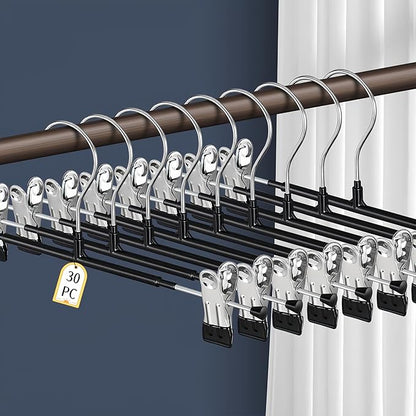 14Inch 30PACK Pants Hangers with Clips Adjustable Skirt Hangers for Women Black Metal Non-Slip Trousers Hanger Heavy Duty Space Saving Clothes Hangers for Shorts,Jeans