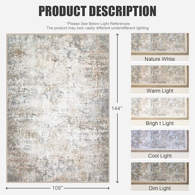 9x12 Area Rug Living Room Rug: Washable Modern Abstract Soft Thin Rug Indoor Floor No Slip Stain Resistant Carpet for Bedroom Dining Room Farmhouse Nursery Home Office - Brown Grey