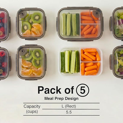 Compartmentalized Plastic Airtight Food Storage Containers with Vented Lids, 3-Compartment Design, BPA-Free, 5-Pack (5.5 Cups Each) for Meal Prep and Portion Control
