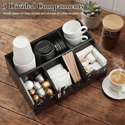Coffee Station Organizer for Counter Wood Countertop Accessories Organizer Coffee Pods Holder Storage Basket for Pods Condiment Syrup Tea Cups Stirrers for Rustic Bar Decoration (Black)