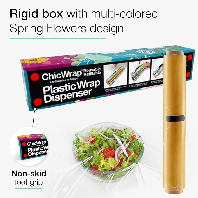 Chicwrap Spring Flowers Refillable Plastic Wrap Dispenser - One 12" x 250' Roll of Professional Grade Plastic Wrap - BPA Free and Kosher Certified - Reusable Dispenser w/Slide Cutter