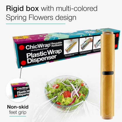 Chicwrap Spring Flowers Refillable Plastic Wrap Dispenser - One 12" x 250' Roll of Professional Grade Plastic Wrap - BPA Free and Kosher Certified - Reusable Dispenser w/Slide Cutter
