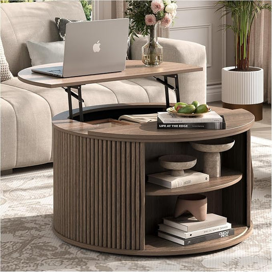 Round Lift Top Coffee Table, 31.5” Mid Century Modern Center Table with Hidden Storage, Fluted Circle Coffee Tables for Living Room, Home Office, Walnut