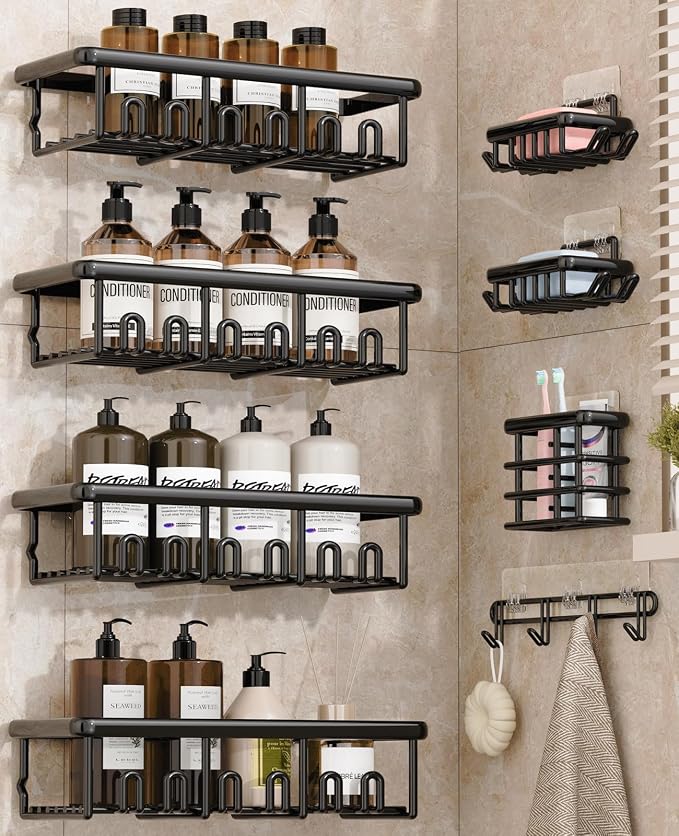8 Pack Adhesive Rustproof Shower Caddy with Soap Dishes, Toothbrush Holder & Hooks, Large Capacity No-Drilling Shower Shelves Rack for Bathroom Organizers and Storage Accessories, Black