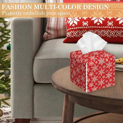 Tissue Box Cover Holder, Christmas Red Plaid Square with Bottom Belt by PU Leather Decorative Organizer for Tabletop, Bathroom, Car, Office
