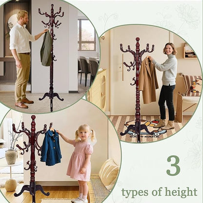 Coat Rack Freestanding,Solid Wooden Coat Rack Stand with 3 Height Options,14 Hooks, Natural Birch Coat Tree Easy to assemble for Clothes Jacket Hat bag Entryway (mahogany) (mahogany 2)