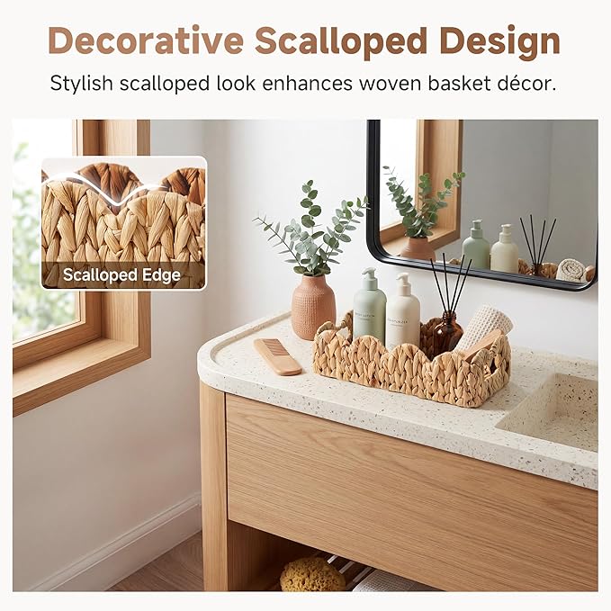 StorageWorks Small Wicker Scalloped Baskets for Bathroom Decor, Water Hyacinth Bathroom Baskets for Storage, Decorative Toilet Paper Basket for Back of Toilet Basket Tank Topper with Handles