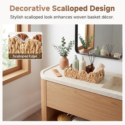 StorageWorks Small Wicker Scalloped Baskets for Bathroom Decor, Water Hyacinth Bathroom Baskets for Storage, Decorative Toilet Paper Basket for Back of Toilet Basket Tank Topper with Handles