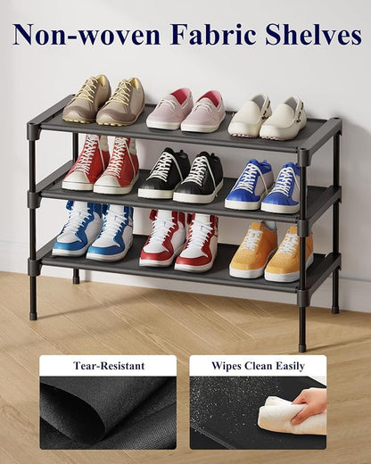 Kitsure Shoe Rack - Non-Woven Shoe Rack Shelf, Shoe Organizer for Closet, Entryway, Garage & Corridor, Stackable Shoe Shelves, 27.5" Wide - 3 Tier, Black