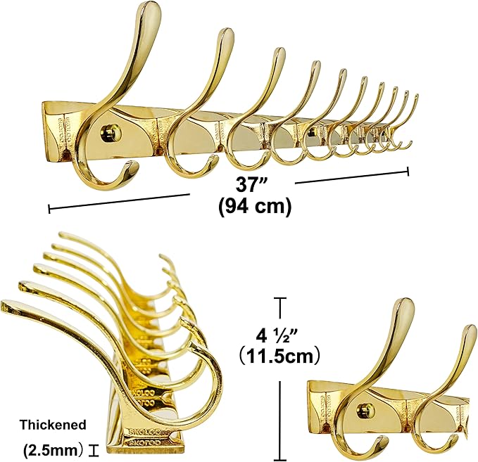 SKOLOO Coat Rack Wall Mounted - 10 Hooks, Pack of 2, Heavy Duty, Stainless Steel, Metal Wall Hangers, Sturdy Coat Hooks for Hanging Coats, Jacket, Clothes, Hat, Bright Gold