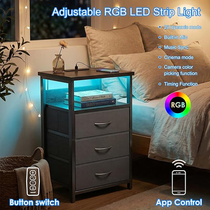 Fixwal Night Stand with 3 Fabric Storage Drawers, LED Nightstand with Charging Station, Bedside Table, Black