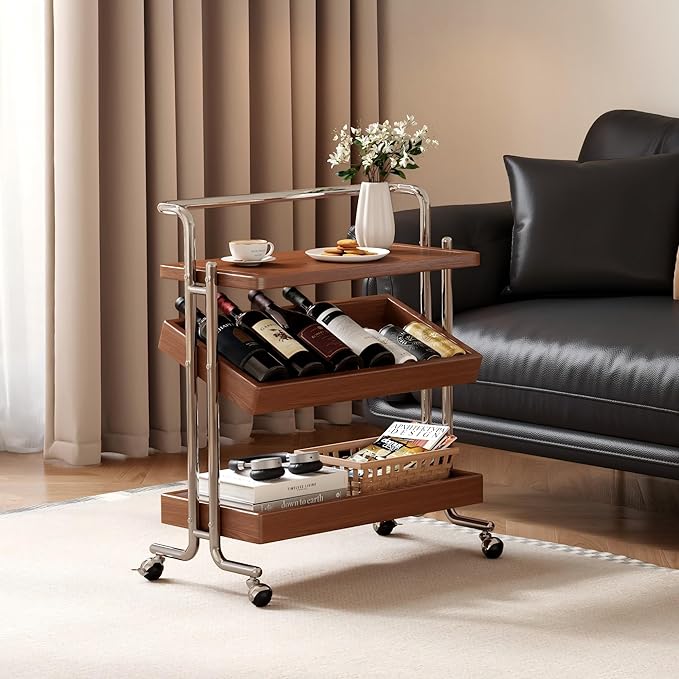 Solid Wood Rolling End Table Cart with Adjustable Storage - 3-Tier Stainless Steel Fame Side Table on Wheels Narrow Bedside Storage Table Small Bar Serving Cart for Living Room
