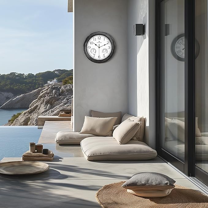 Lafocuse Black Outdoor Wall Clocks Waterproof for Patio with Thermometer, 12 Inch Hygrometer Wall Clock for Kitchen Bathroom Garage