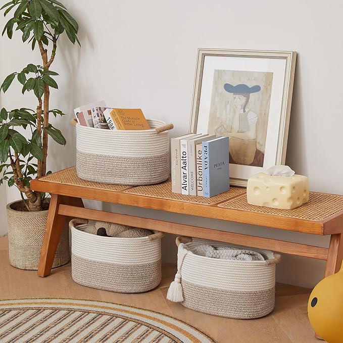 R RUNKA Storage Baskets for Organizing | 15"x10.2"x9.1" - 1 Pack Nursery Bin with Handles - Woven Cotton Rope Baskets for Dog Toys, Books, Shelf, Bathroom,Closet -Stylish Storage | White & Beige