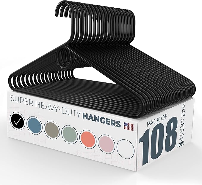 Neaties Super Heavy Duty Clothes Hangers 100 Pack (108 Count) – Made in The USA - 10lb Capacity, Thick Plastic Hangers for Pants, Coats, Jackets, Jeans and Adult Clothing – Black