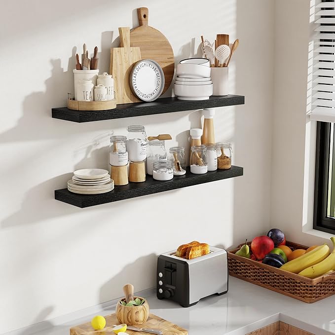 Acovy 36 Inch Floating Shelves, 8 Inch Deep Floating Shelves for Wall, Hanging Shelf with Invisible Brackets, Deep Shelves for Bathroom, Bedroom, Living Room, Black, Set of 2