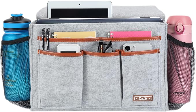 Zafit Bedside Caddy, Large Size Bedside Storage Organizer Bedside Organizer Caddy for Magazine Remotes Phone (13.4'' x 18.1'' Plus Size, Light Grey)