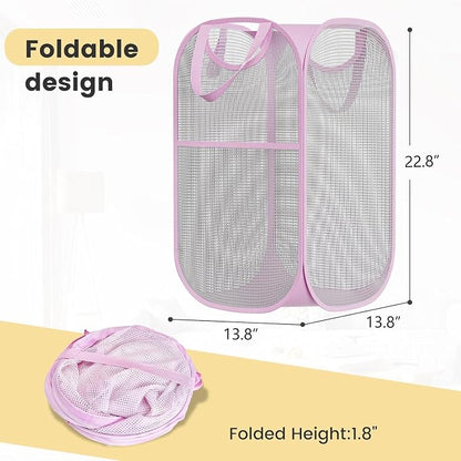2 Pack Strong Mesh Pop-up Laundry Hamper, Quality Pop Up Hampers for Laundry with Durable Handles Solid Bottom High Carbon Steel Frame, Easy to Open and Fold Flat for Storage(Light Pink)