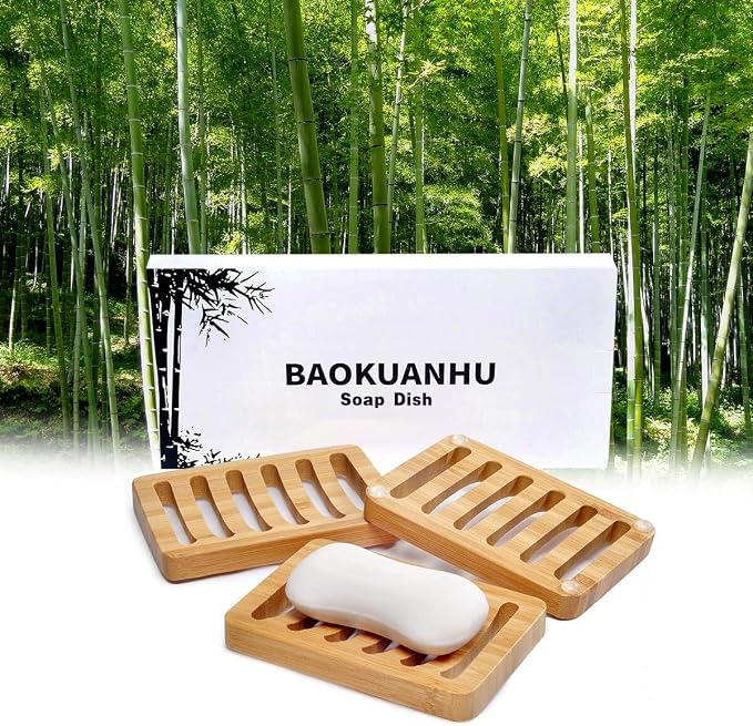 3 Pack Bamboo Wood Soap Dish Bar Soap Holder with Self Draining Tray Natural Waterfall Drain Soap Saver for Shower Bathroom Kitchen