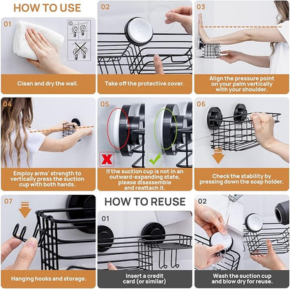 LEVERLOC Shower Caddy Suction Cup, 3 Pack Heavy Duty Bathroom Organizer for Inside Shower with Hooks & Soap Holder, Removable Bathroom Organizer, Rustproof Black Holder Storage