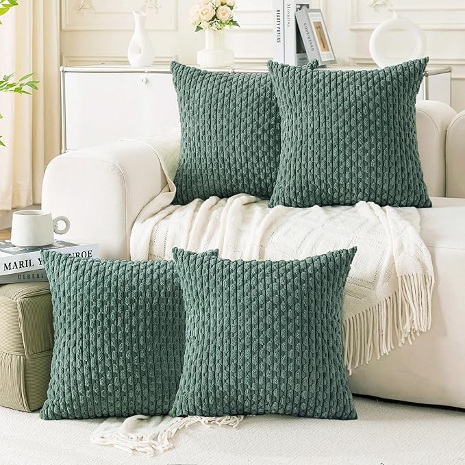 Set of 4 Teal Green Decorative Throw Pillow Covers 20x20 Inch Corduroy Pillow Covers for Bed Couch Sofa Living Room Soft Square Cushion Cases