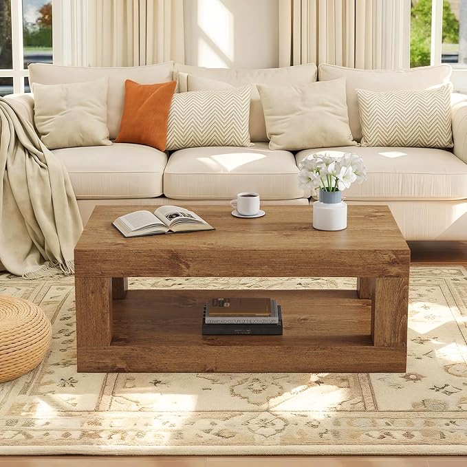 LKTART 39.37" Coffee Table with Storage, 2-Tier Mid Century Rectangular Accent Table with Thick Tabletop, Rustic Style Cocktail, Center Table for Living Room, Office, Apartment (Natural Wood)