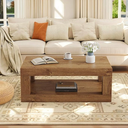 LKTART 39.37" Coffee Table with Storage, 2-Tier Mid Century Rectangular Accent Table with Thick Tabletop, Rustic Style Cocktail, Center Table for Living Room, Office, Apartment (Natural Wood)