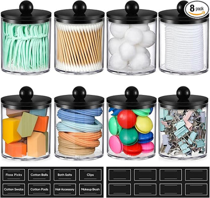 8 Pack Acrylic Qtip Holder Dispenser for Cotton Swabs, Balls, Pads, Floss - Plastic Canister Apothecary Jar Set, Bathroom Essentials Accessories Decor Vanity Makeup Storage Organizer - Clear & Black