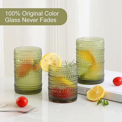Vintage Glassware Drinking Glasses Set of 12,Green 12oz & 15oz Hobnail Glass Cups,Embossed Water Tumbler,for Beer,Cocktail,Whiskey,Juice and Various Mixed Drinks- 1 Cleaning Brush