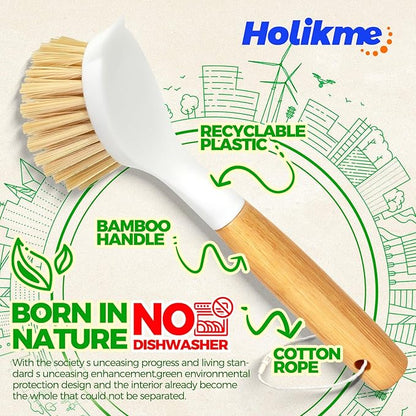 Holikme 3 Pack Dish Brush Set with Bamboo Handle, Kitchen Brushes for Cleaning Pot, Sink and Stove, Skillet Scrubber with Tough Bristles for Cast Iron Grill Pan, White Yellow Black