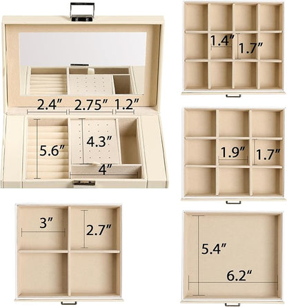 Frebeauty 5-layer Jewelry Box,Faux Leather Jewelry Organizer with 4 Drawers,Jewelry Organizers and Storage with Mirror,Jewelry Holder Organizer for Necklace,Jewerly Boxes for Women Girls(Beige)